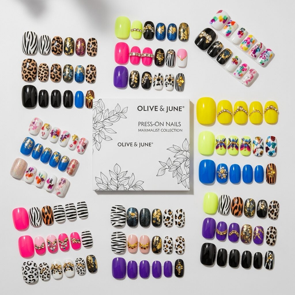 Vibrant and playful press-on nails by Olive and June, part of the Maximalist Collection