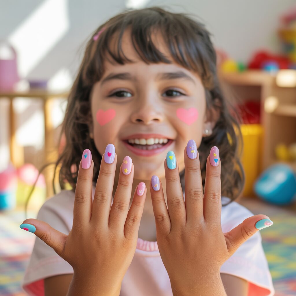 Playful Olive and June press-on nails for children, featuring vibrant colors and easy application