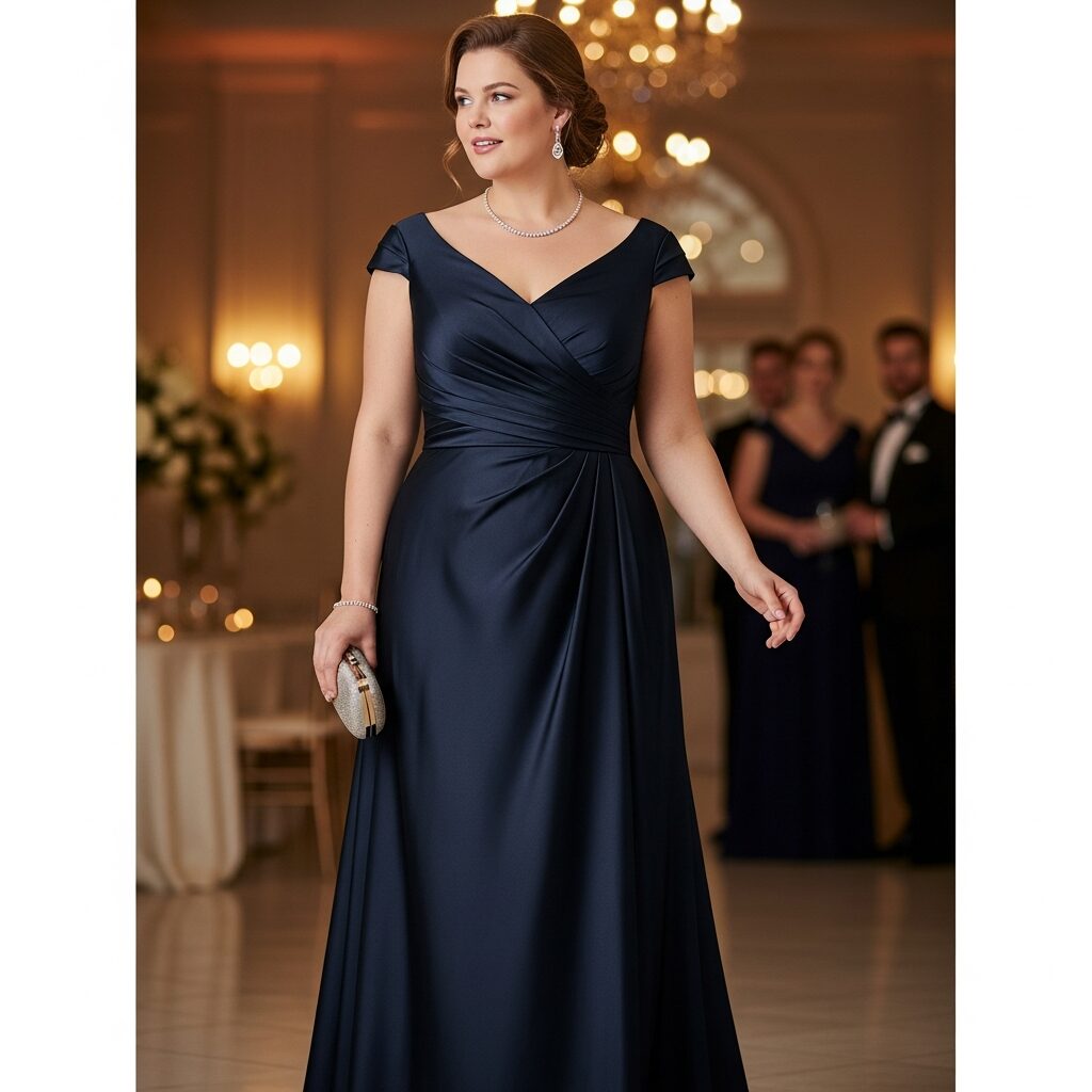 Sophisticated plus size black tie wedding guest dress featuring a stylish neckline and comfortable fit for all body types