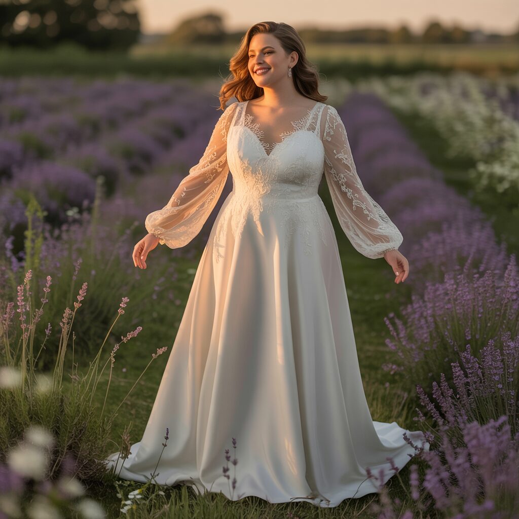 Elegant plus size long sleeve wedding dress designed for a flattering and comfortable bridal fit