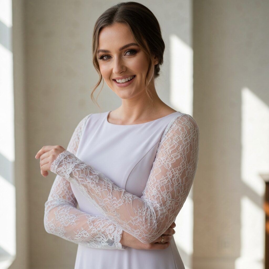 Practical comfort bridal dress with sleeves offering confident coverage and ease of movement