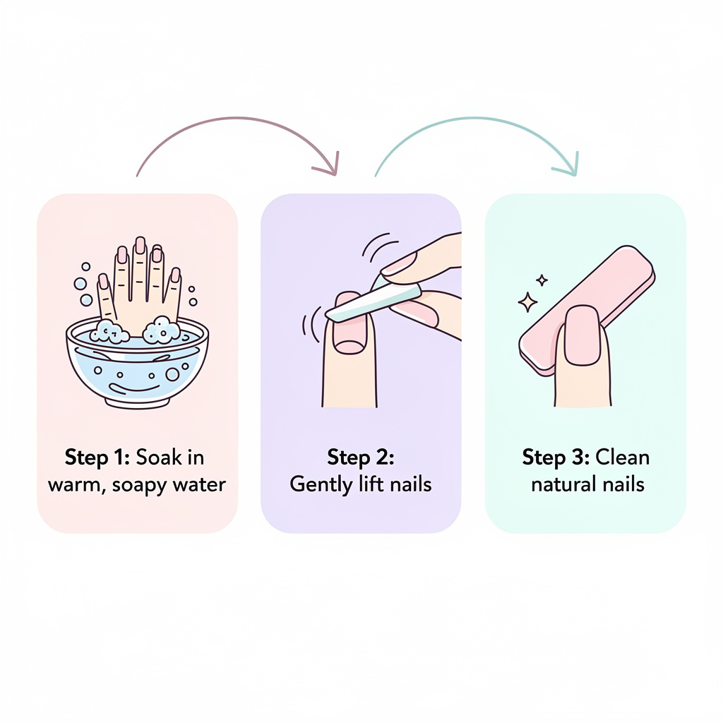 A step-by-step infographic showing how to remove Glamnetic press on nails with warm water and a cuticle pusher.