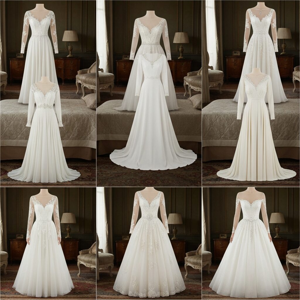 Retro inspired long sleeve bridal gown with vintage details and romantic charm