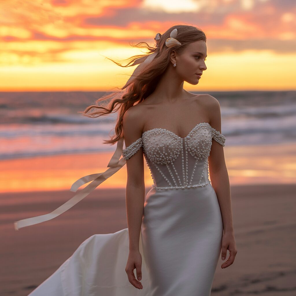 Romantic bride wearing off shoulder mermaid wedding dress