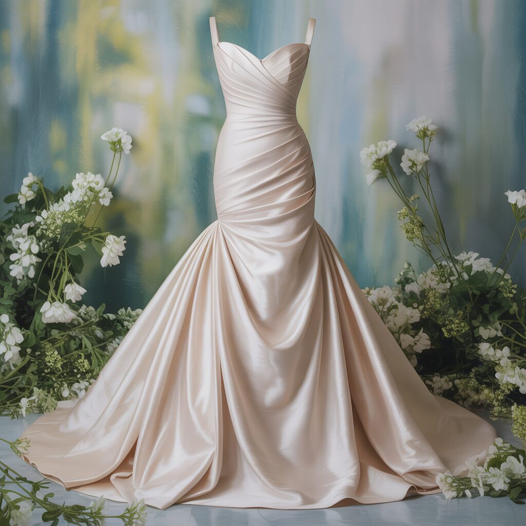 Back view of satin mermaid wedding dress with fitted design