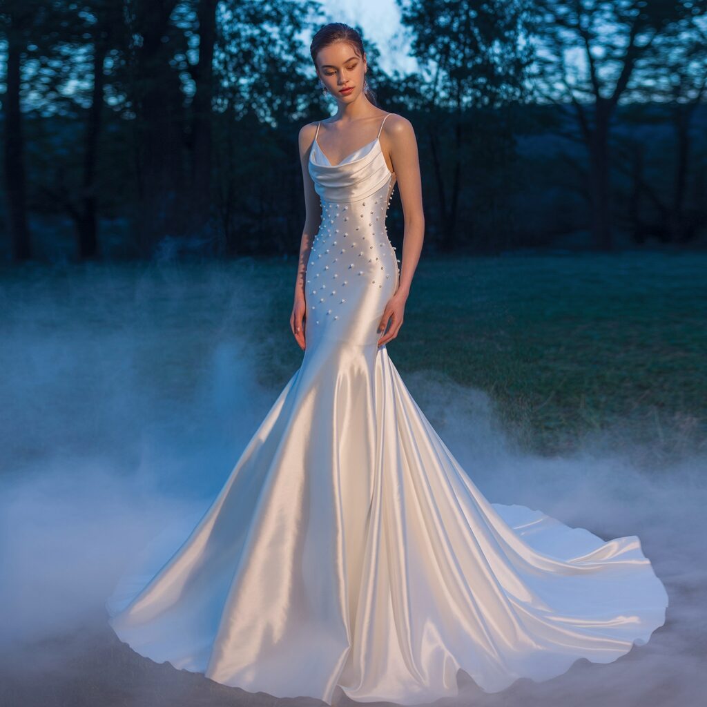 Close up of luxurious satin fabric on mermaid wedding dress