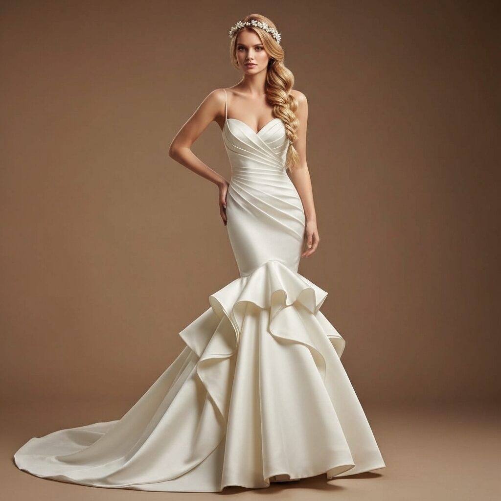 Elegant satin mermaid wedding dress with smooth full length silhouette