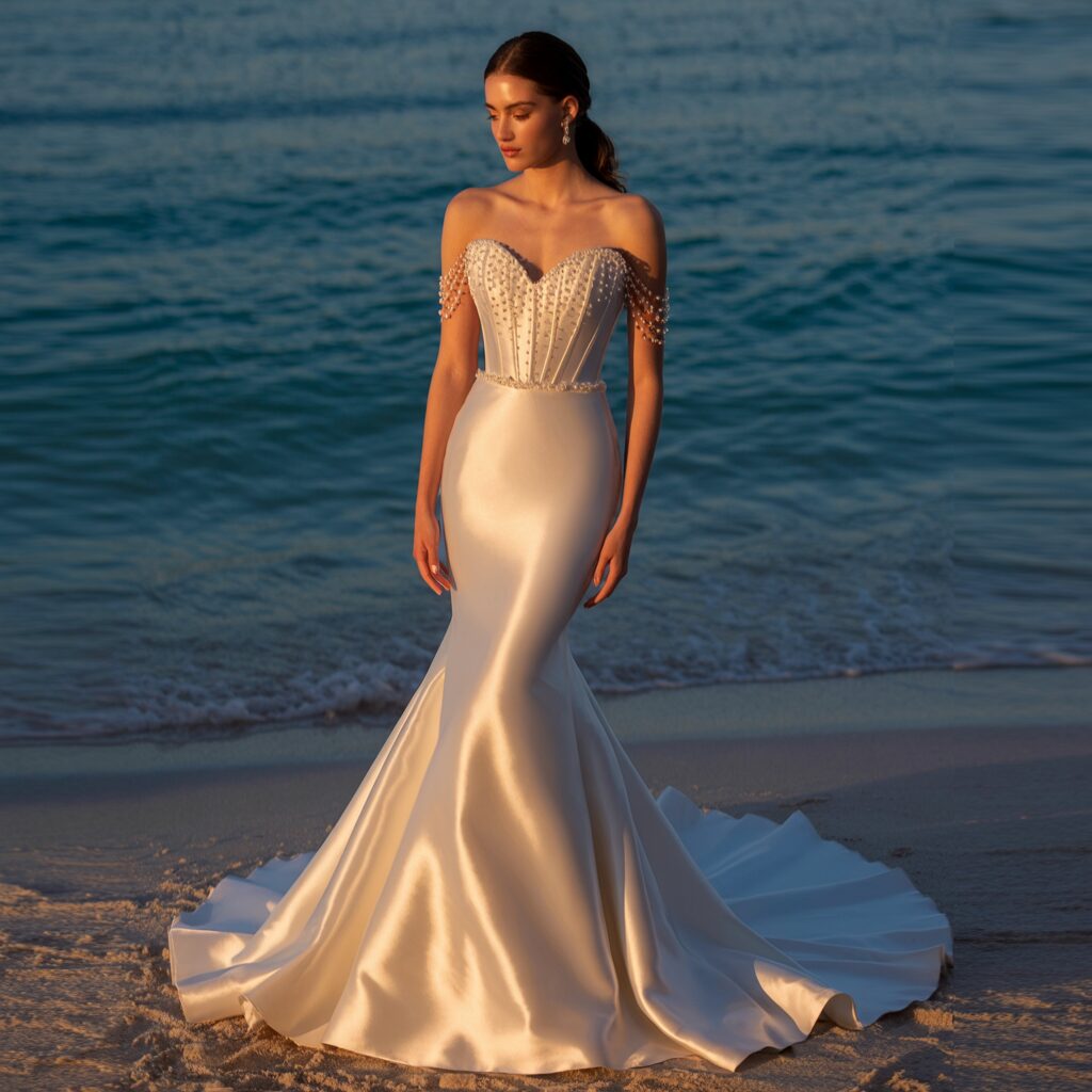 Modern bride wearing satin mermaid wedding dress