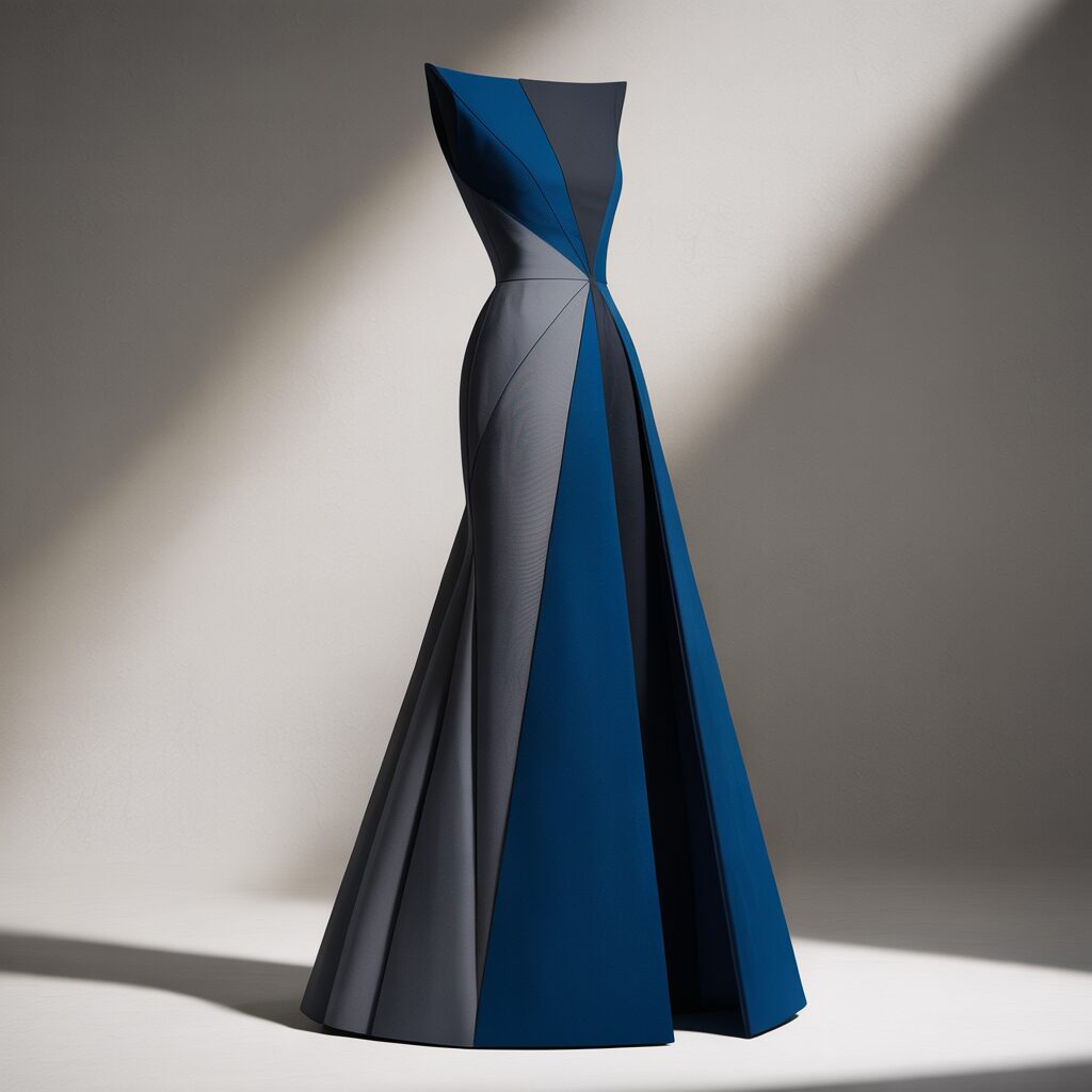 Modern gala dress with single color contrast panels