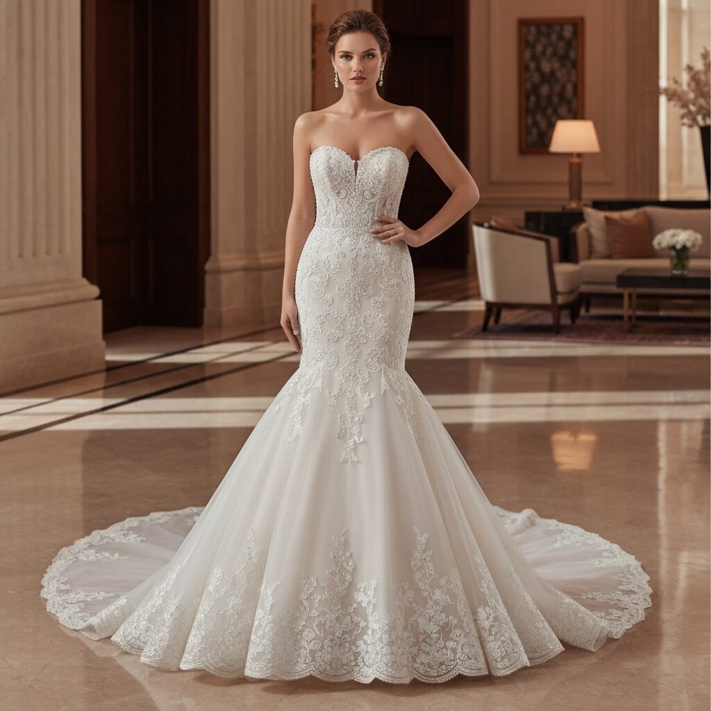 Front view of strapless mermaid wedding dress with sweetheart neckline