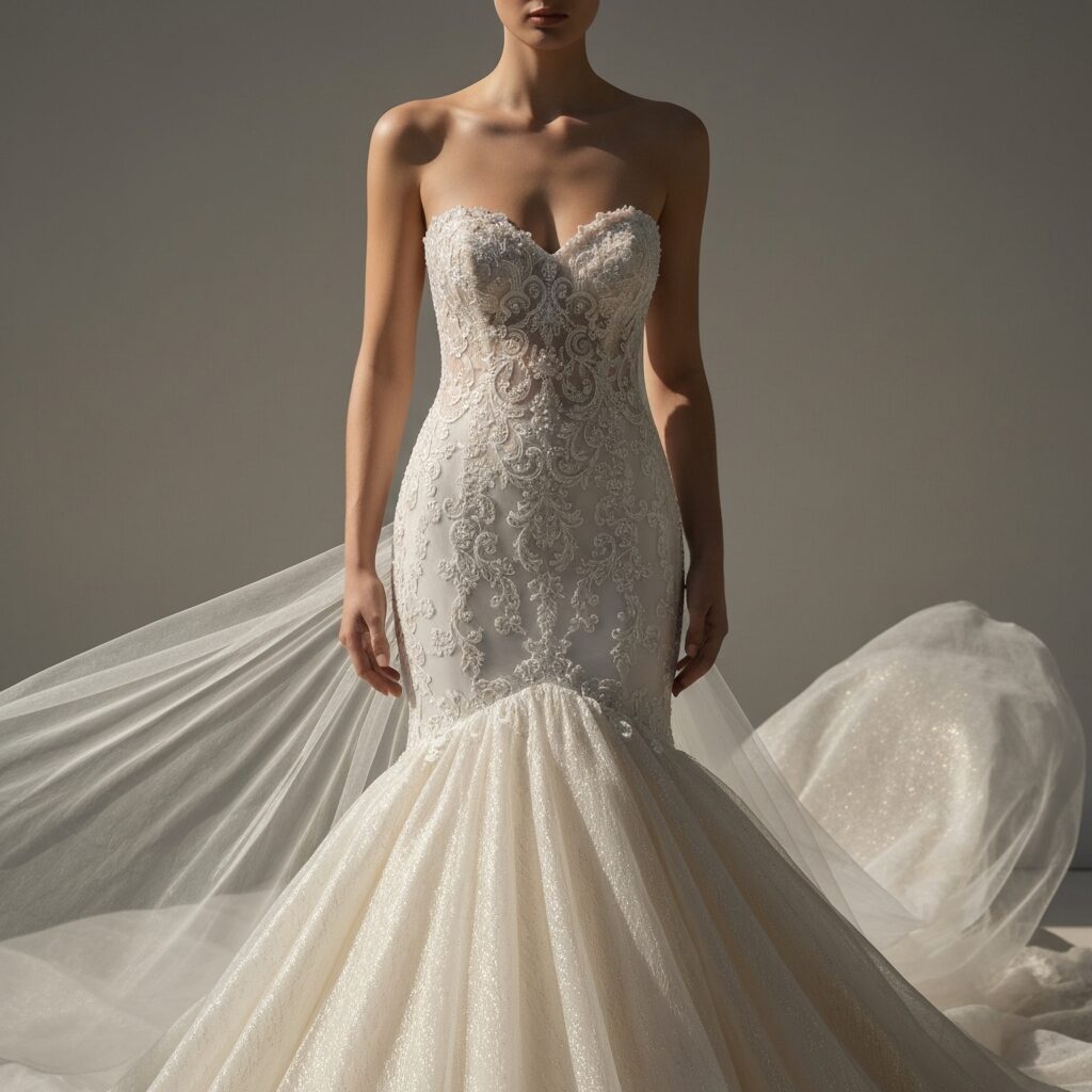 Back view of strapless mermaid wedding dress with sleek fitted design