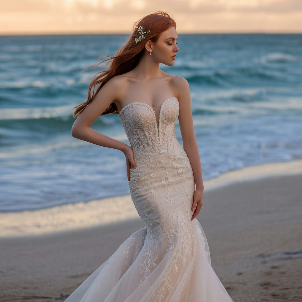 Elegant strapless mermaid wedding dress with fitted full length silhouette