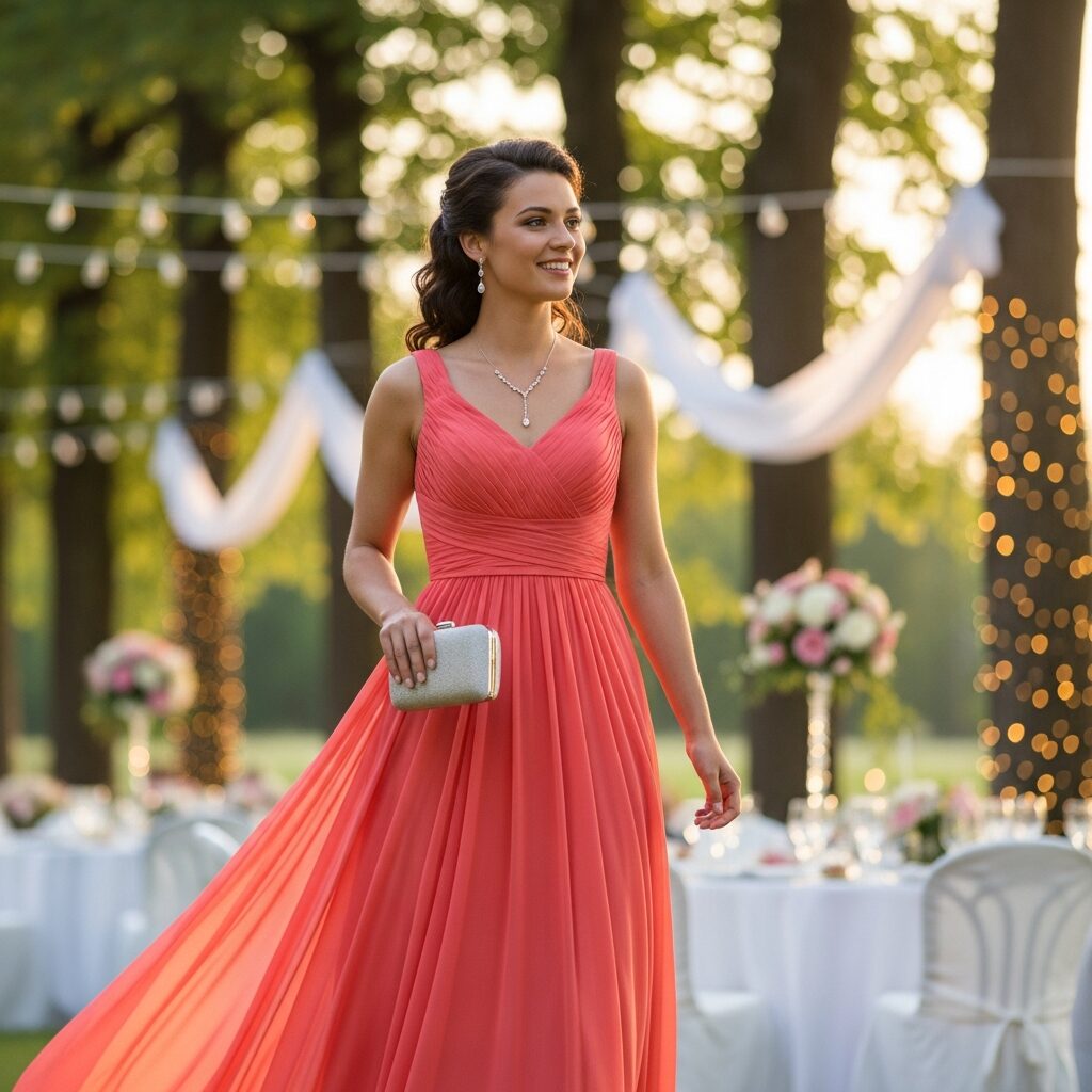 Elegant summer black tie wedding guest dress in lightweight chiffon, sleeveless with a flowing silhouette, ideal for sunny outdoor weddings