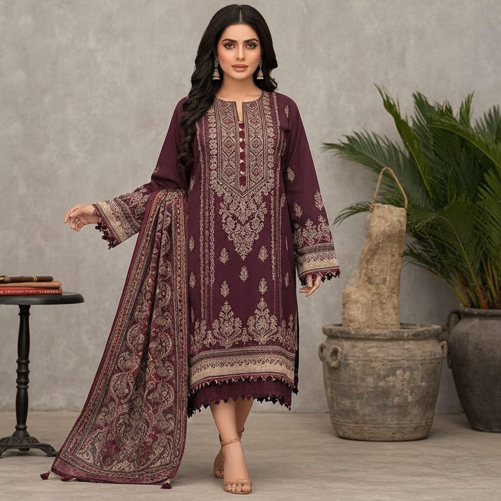 Gala design lawn suit patterns with coordinated neckline and sleeves
