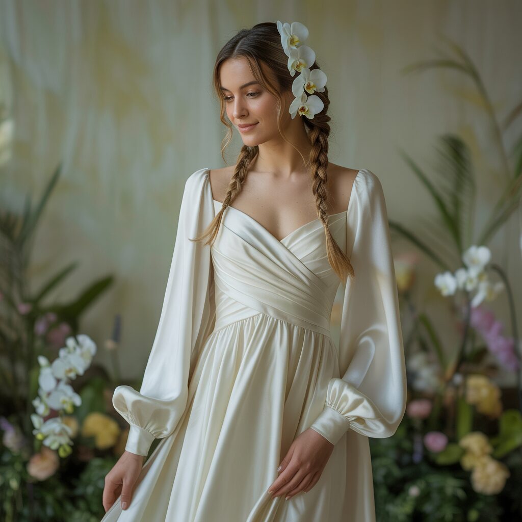 Timeless elegance bridal wedding dress with long sleeves creating a graceful and sophisticated silhouette