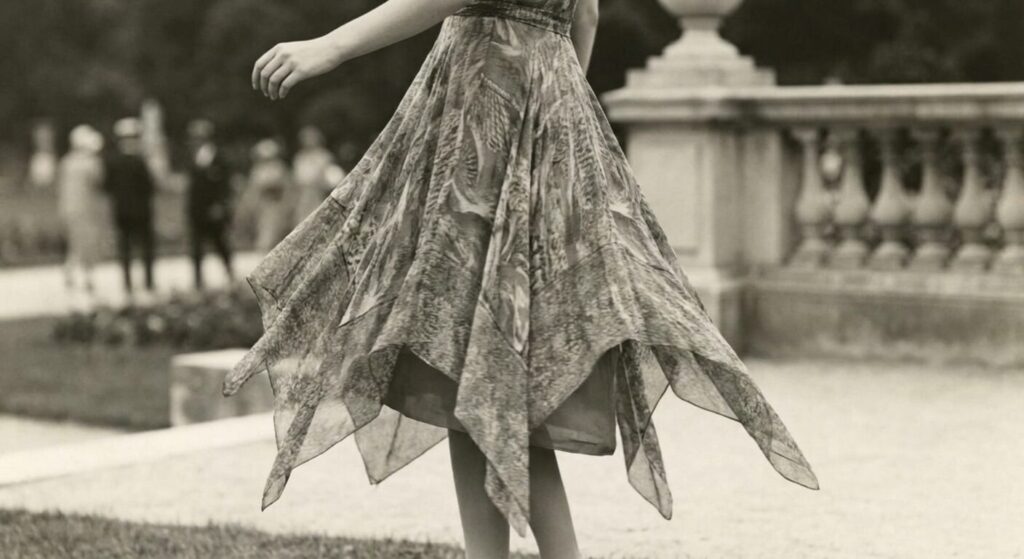 Uneven hemline flapper fashion adding movement and visual interest
