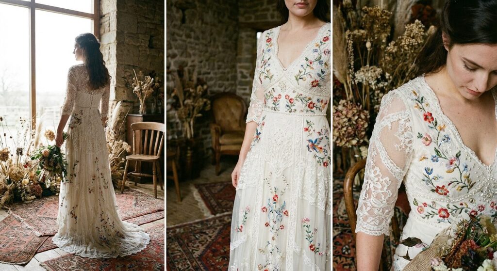 Bride wearing an Anthropologie wedding dress with delicate lace and embroidery in a romantic rustic setting.