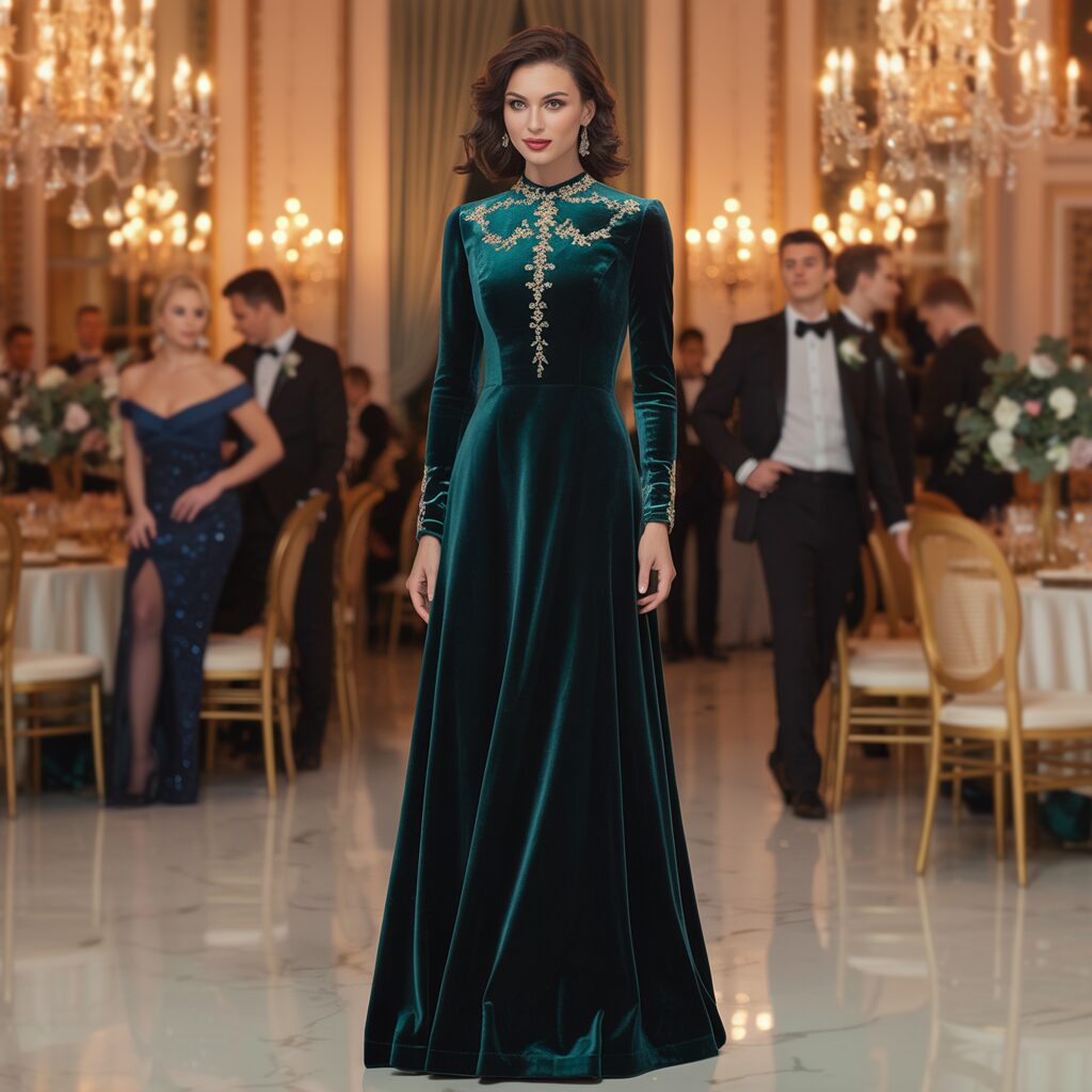 Luxurious velvet black tie wedding guest dress with long sleeves, ideal for winter celebrations