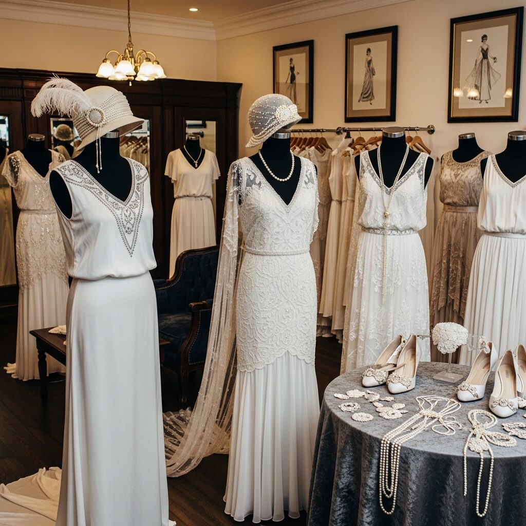 Vintage 1920s bridal gown inspired by Art Deco fashion, with delicate beadwork and classic flapper-era details