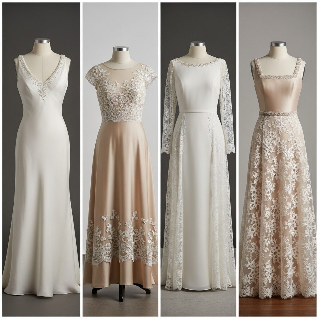 Vintage 1920s wedding dress with cap sleeves, tea-length hemline, and elegant Art Deco bridal detailing
