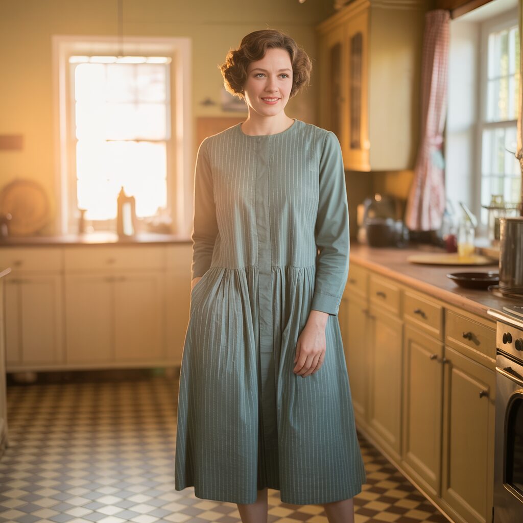 Vintage 1920s day dress featuring a comfortable fit, subtle patterns, and practical design for household and daily wear