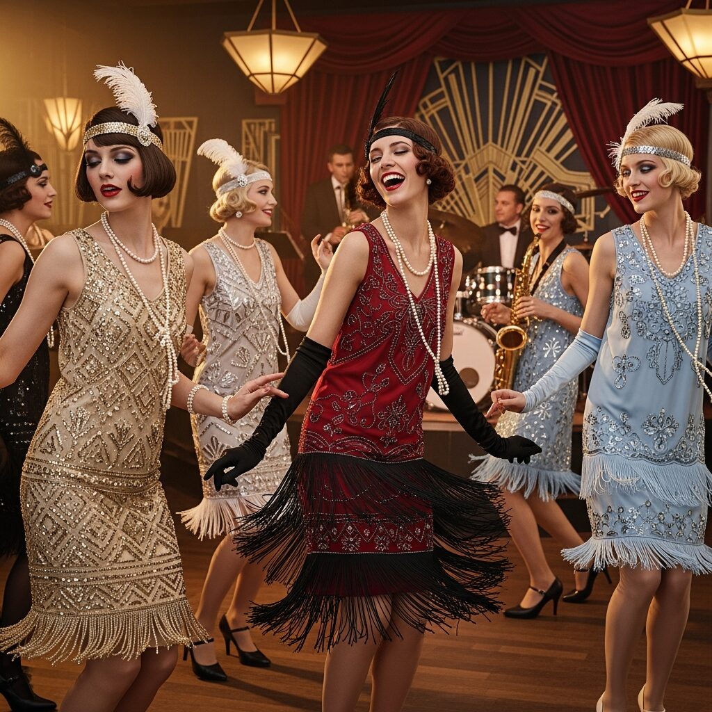 Vintage 1920s flapper style designs inspired by Jazz Age fashion and classic Art Deco elegance