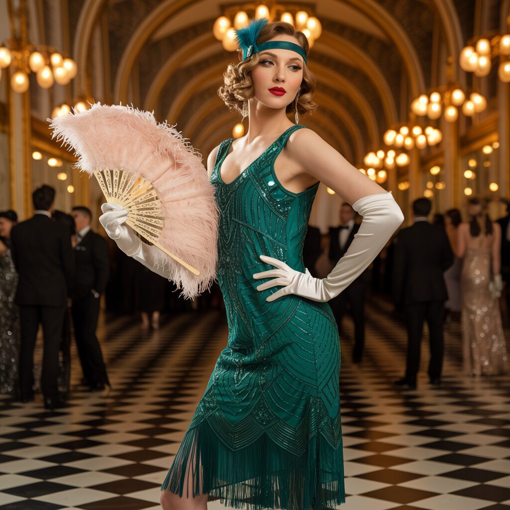 Vintage 1920s formal evening dress suitable for theatre performances, gala dinners, and elegant celebrations