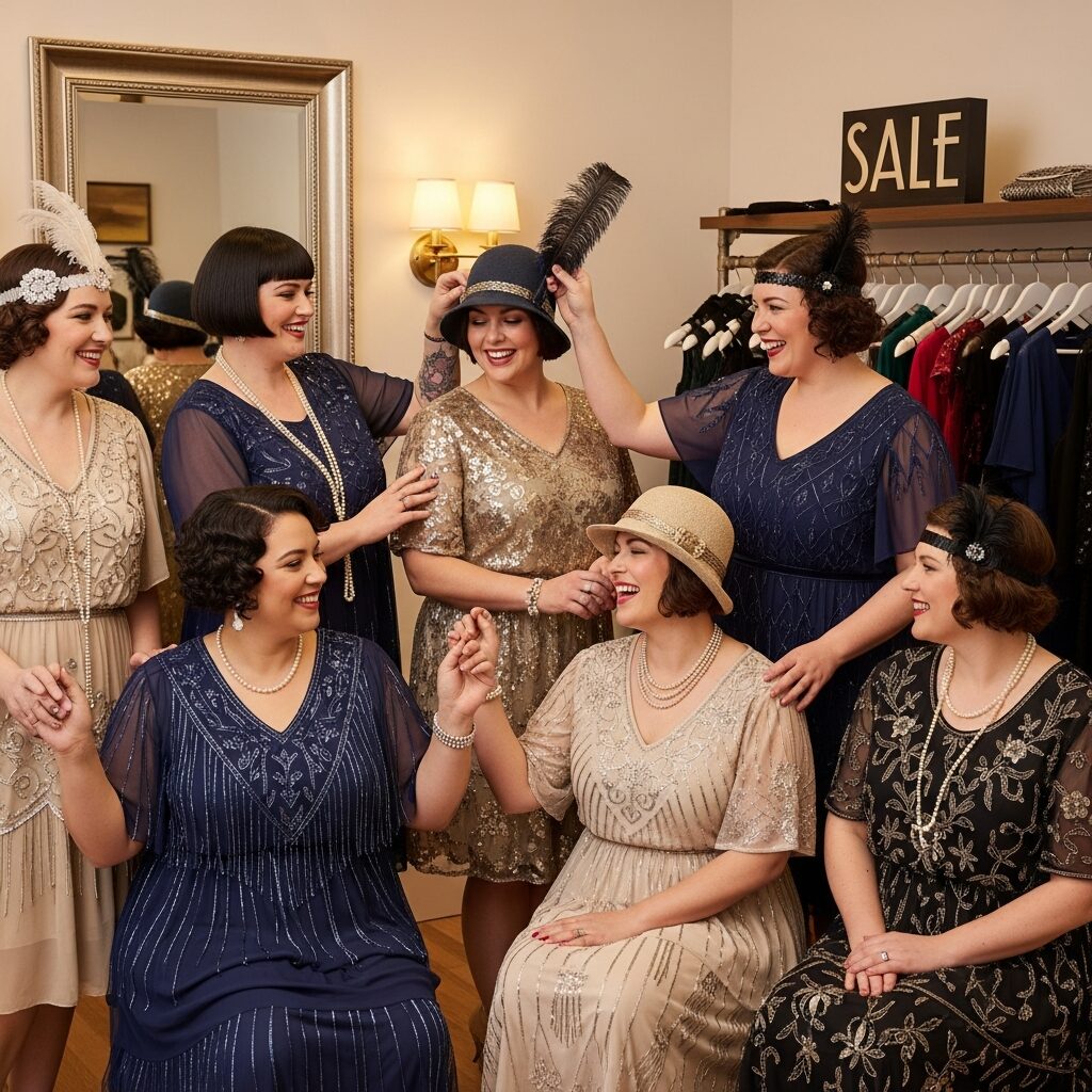 Vintage inspired plus size 1920s dress designed for comfort, classic proportions, and timeless Jazz Age style