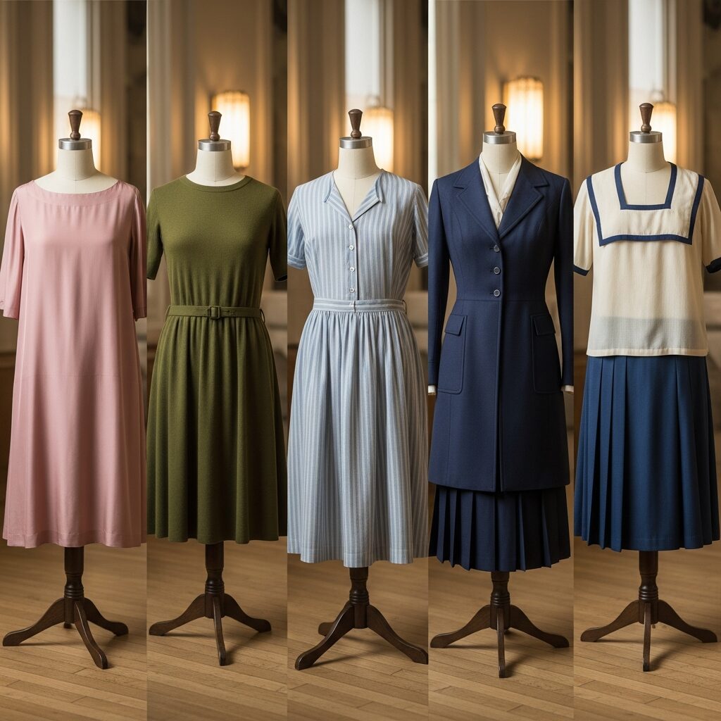 Vintage 1920s women’s fashion including tailored suits, pleated skirts, and practical day wear styles beyond flapper trends