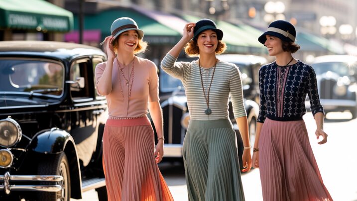 Vintage Chicago street scene with women in 1920s fashion, automobiles, and storefronts in the background