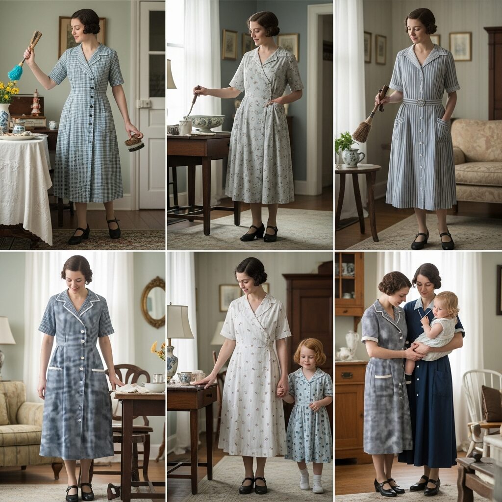 Vintage 1920s house dress featuring a button-front closure for easy daily household tasks