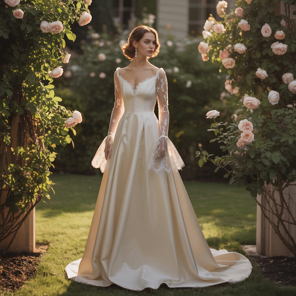 Vintage long sleeve wedding dress featuring classic design and timeless bridal elegance