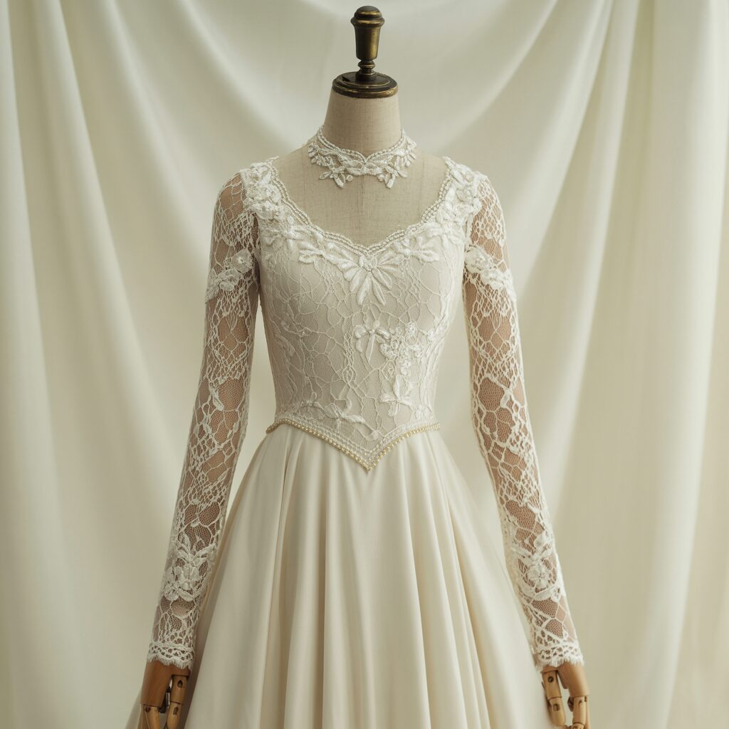 Vintage long sleeve wedding dress with delicate lace patterns and high neckline
