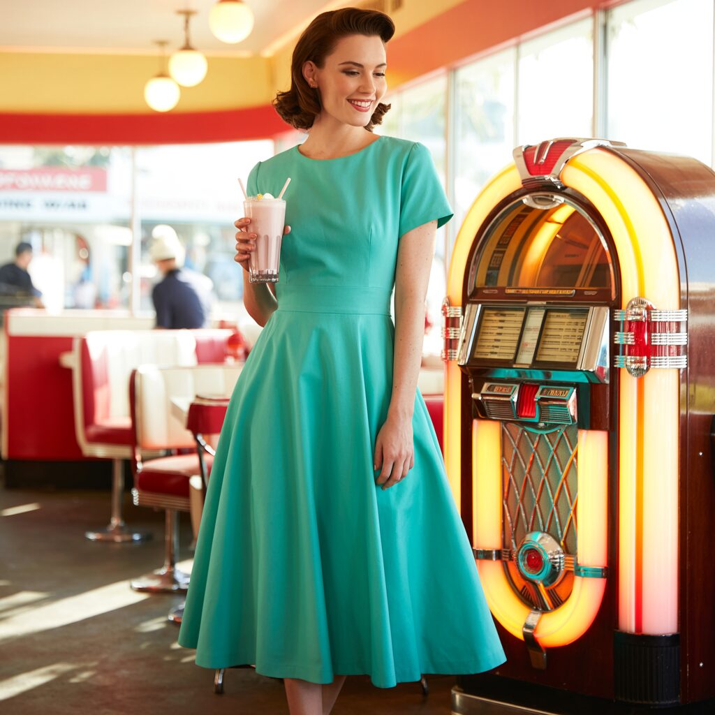 Vintage knee-length tubular day dress with cap sleeves worn for daytime social visits