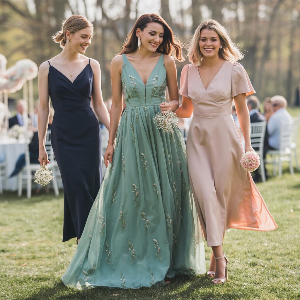 A collection of stylish wedding guest dresses for all seasons, from summer florals to winter velvet options.