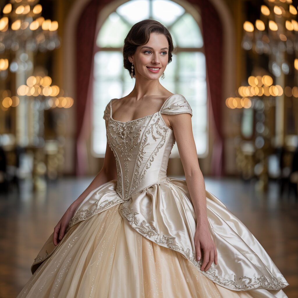 Elegant ball gown with fitted bodice and full skirt for grand gala events