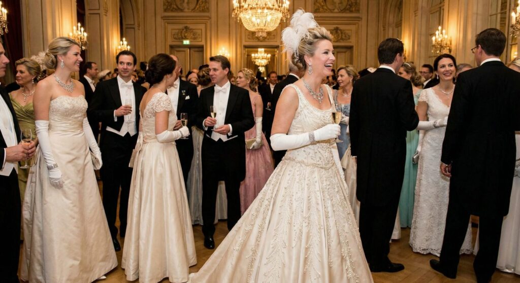 Elegant updo hairstyle paired with a floor length gown for a white tie event
