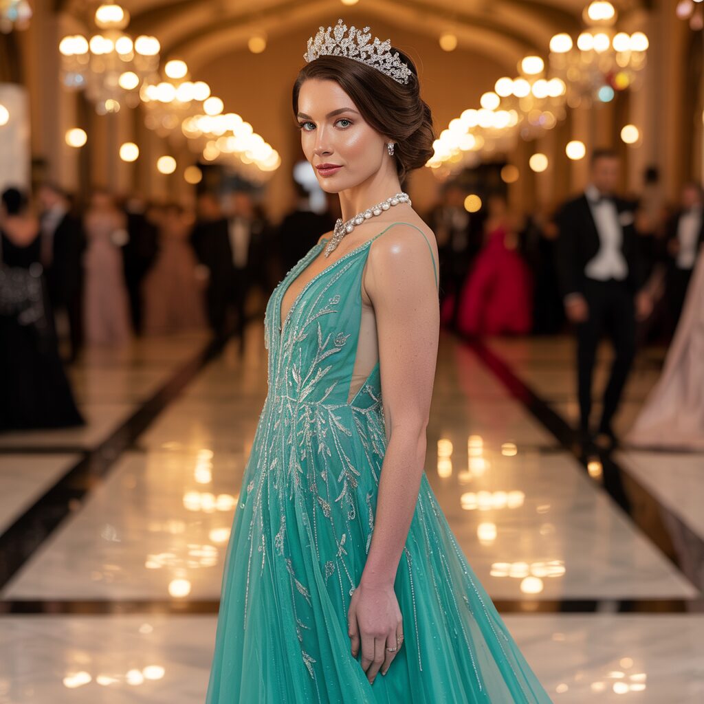 Floor length ball gown worn at a white tie event for women