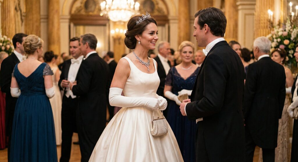 Elegant white tie outfit with long gloves and statement jewelry
