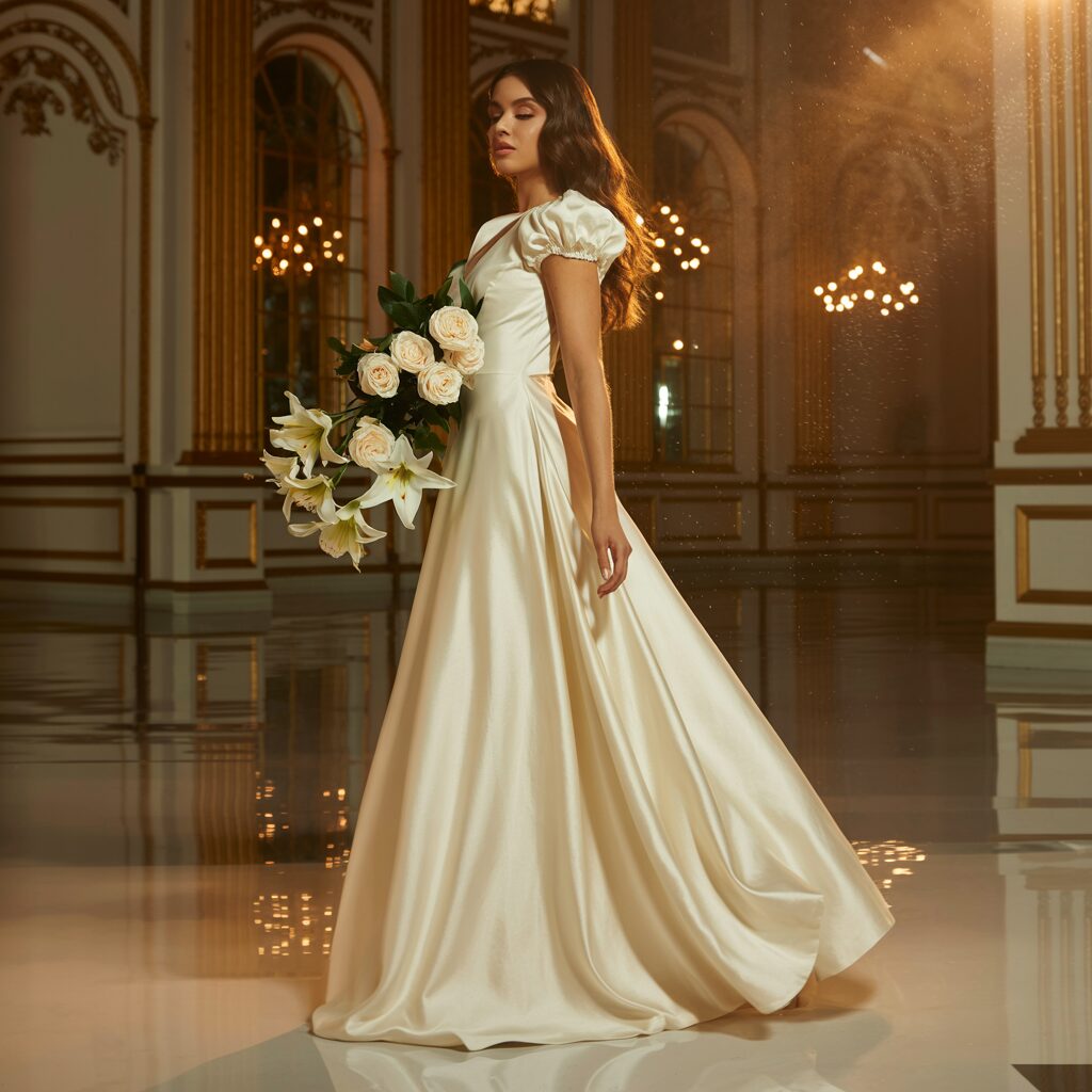 Sleeved bridal dress in satin and crepe designed for autumn and winter wedding ceremonies