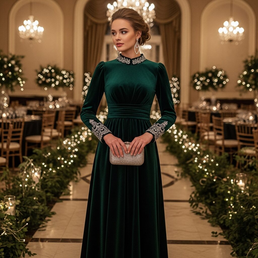Elegant winter black tie wedding guest dress in velvet with long sleeves and deep burgundy color, perfect for formal events