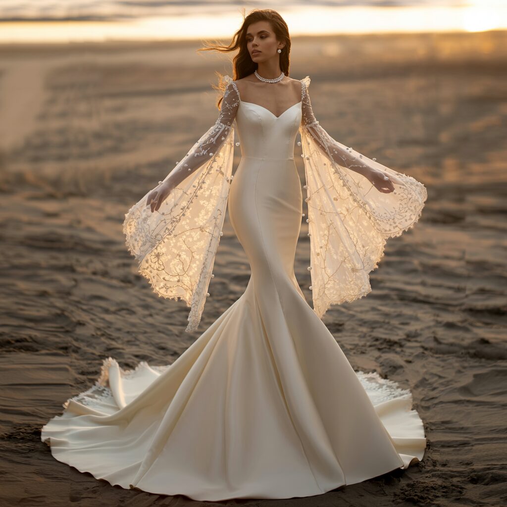 Off the shoulder mermaid wedding dress with extended sleeve design