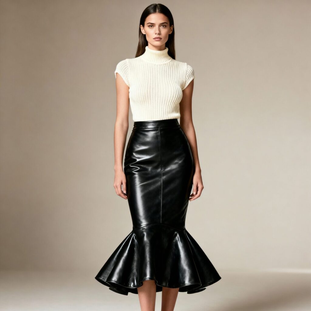 Leather Mermaid Skirt with Knit Top